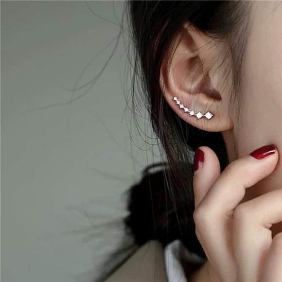 925 Sterling Silver 7 Crystals Cuff Earrings Climber for Women Crawler Earrings - Picture 2 of 7